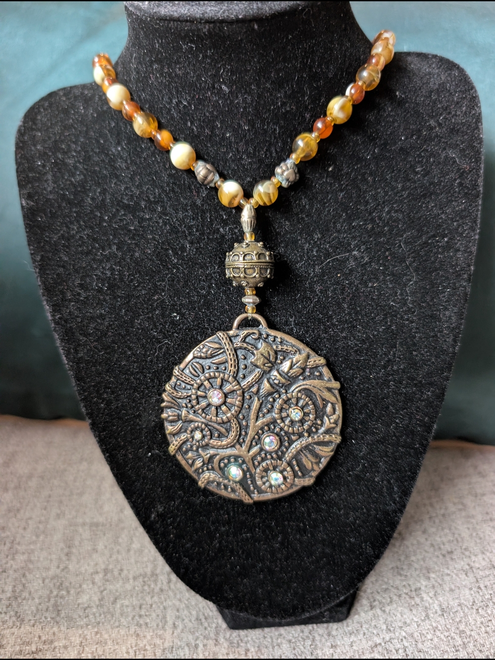 Boho Amber Beaded Pendant Necklace - Handmade